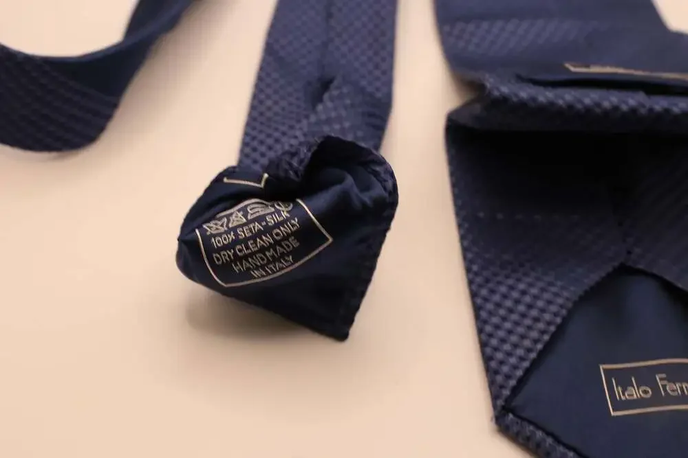 Italo Ferretti Handmade Italian Navy Blue Silk Geometric Pattern Necktie